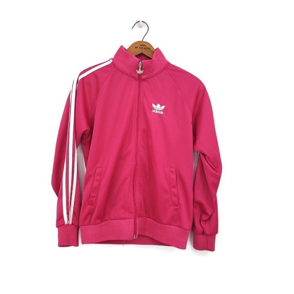 Adidas Bright Pink Track Jacket Girls L Zip Front White Stripes